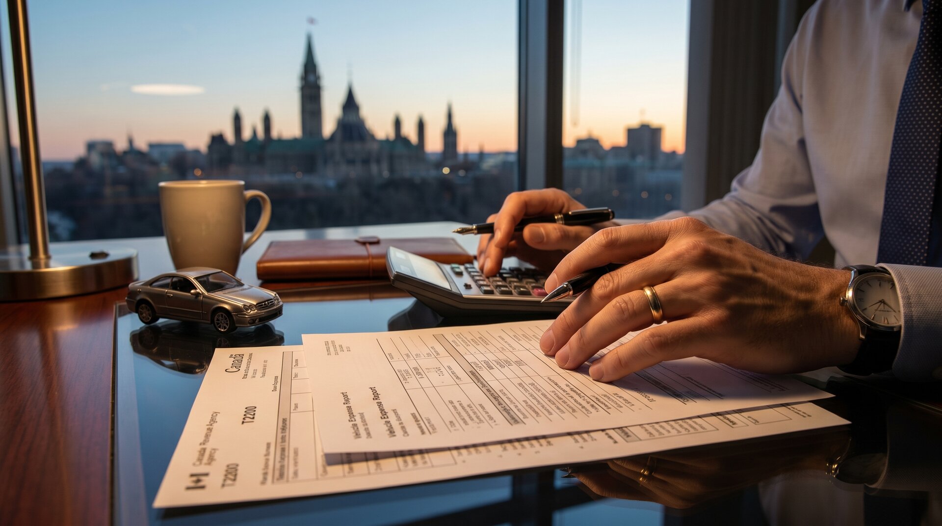 Canadian accountant hands reviewing a CRA vehicle expense report at an Ottawa desk for a small business vehicle tax deduction