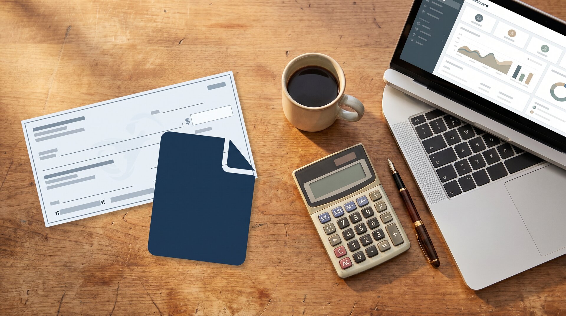Flat lay of CRA payroll deductions documents — paystub, TD1 form silhouette, calculator and laptop dashboard for small business payroll Canada