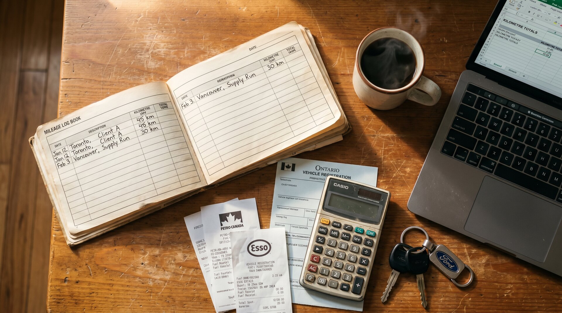 CRA mileage logbook, fuel receipts, calculator and car keys laid out on a wooden desk for vehicle tax deduction Canada record-keeping