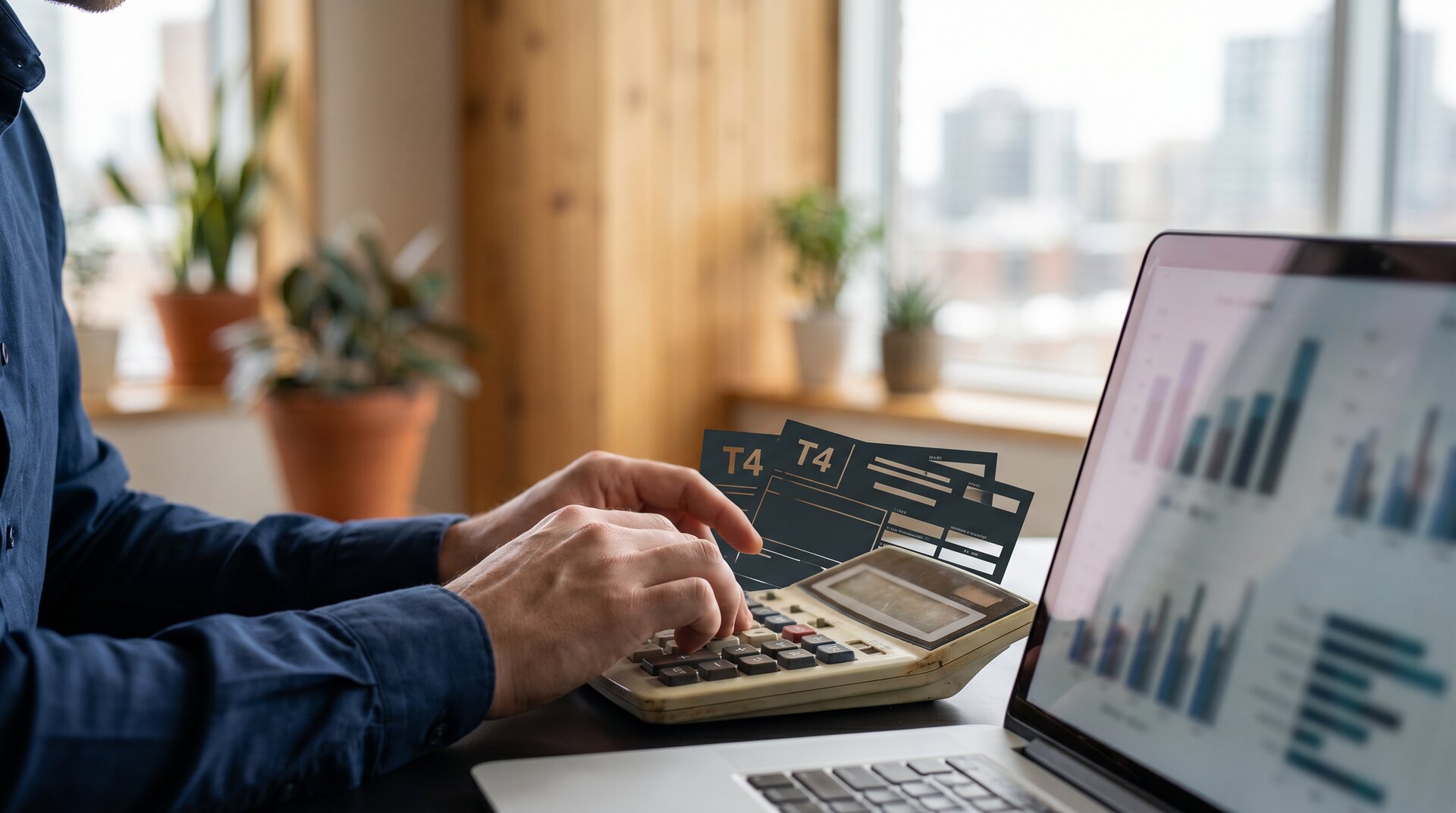 Ottawa accountant hands using a calculator on T4 slip stack and payroll laptop dashboard for small business payroll Canada