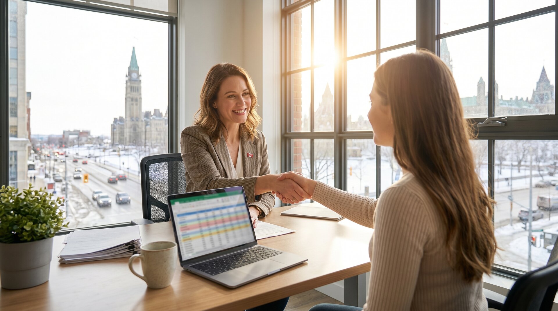 Ottawa Small Business Owner Hires First Employee — Small Business Payroll Canada Ottawa small business owner shaking hands with her first employee, illustrating small business payroll Canada onboarding