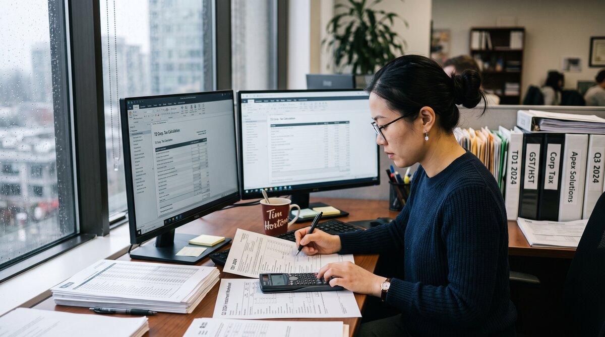 Canadian accountant calculating quarterly CRA tax instalments with a financial calculator and accounting software