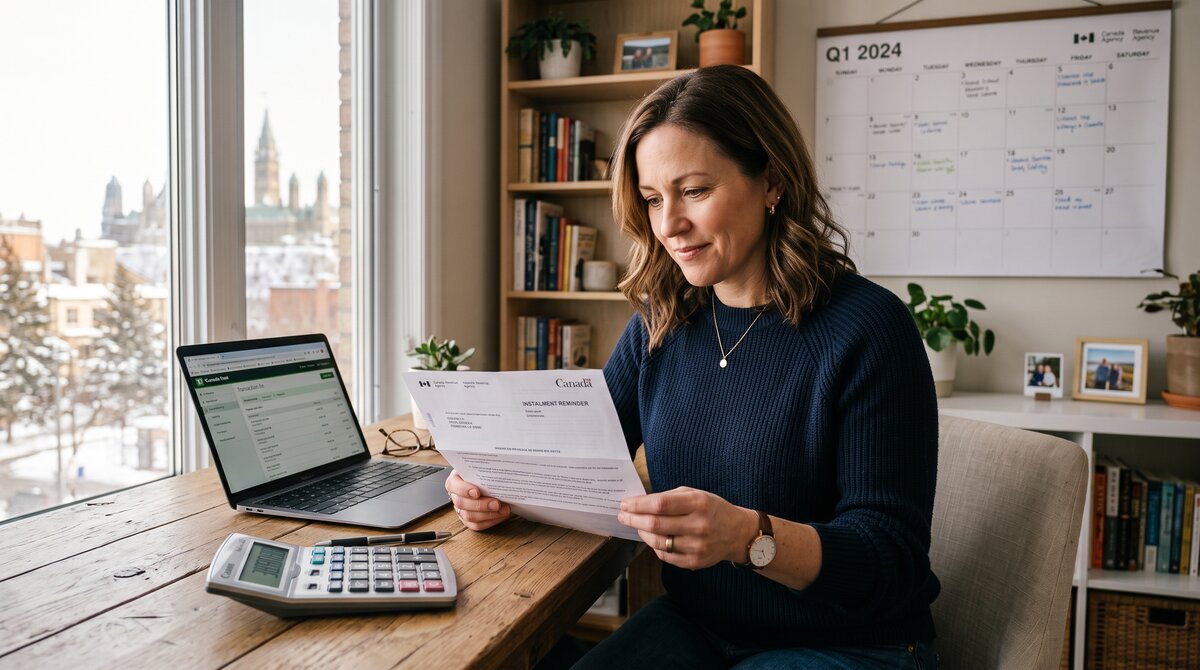Self-employed Ottawa professional reviewing a CRA tax instalments reminder letter at a home-office desk