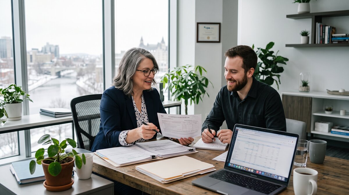 Ottawa accountant and small business owner reviewing tax documents and CRA instalments together in an office