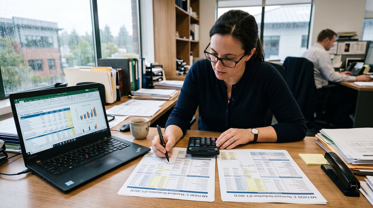 Accountant comparing the GST/HST Quick Method and regular method side by side with spreadsheets and a calculator