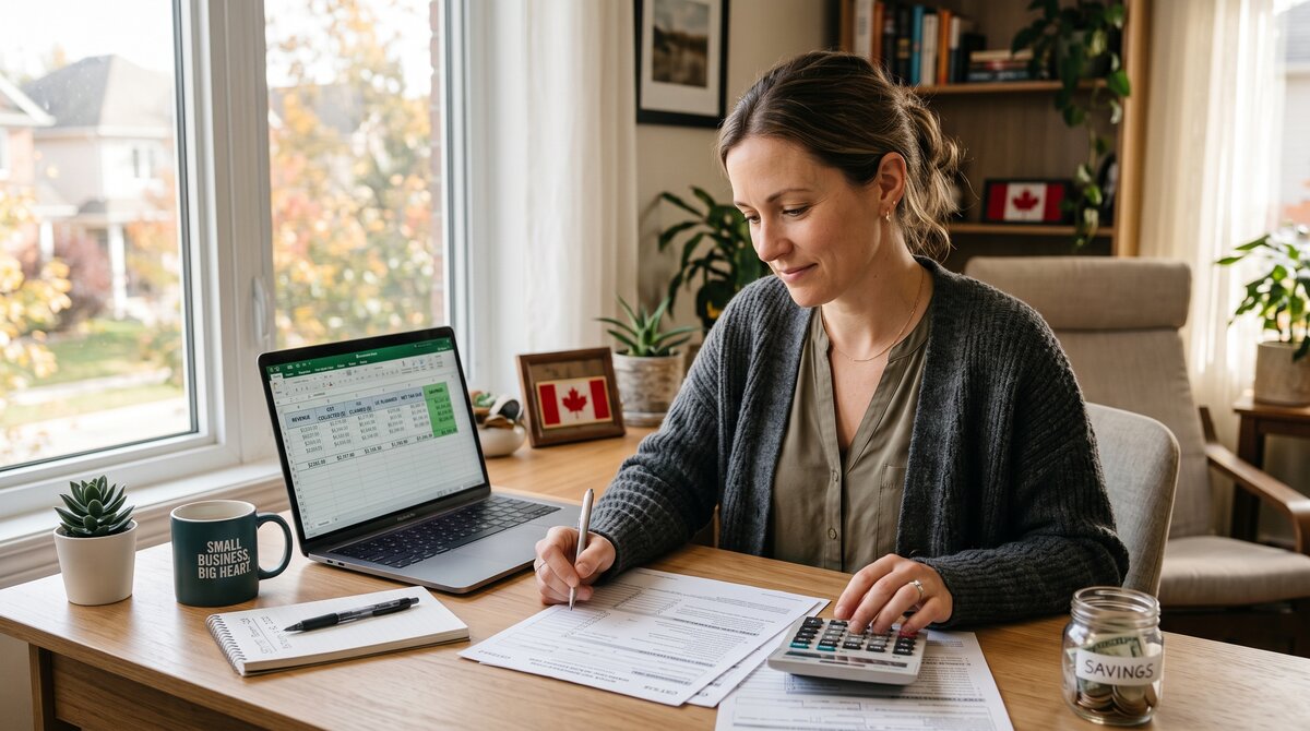 Canadian small business owner reviewing a GST/HST return and calculator at a home-office desk in Ottawa
