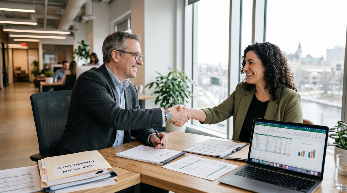 Ottawa accountant and small business owner shaking hands after a successful GST/HST tax planning meeting