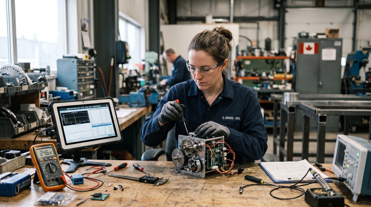 Engineer testing a prototype in a Canadian workshop, the kind of experimental development that qualifies for SR&ED