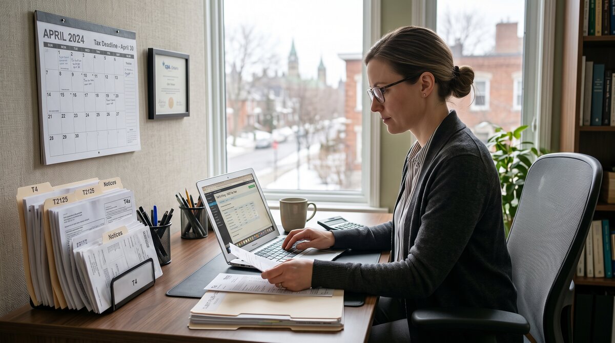 Ottawa accountant filing tax slips on a laptop at a tidy desk with a calendar, meeting the February deadline