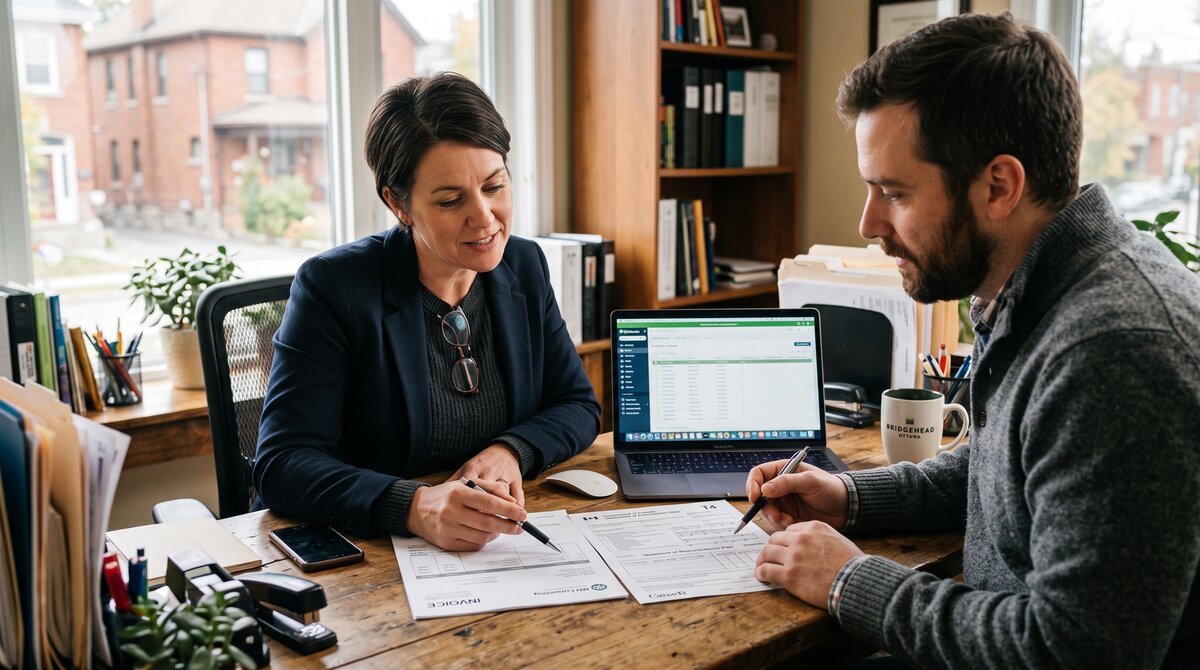 Small business owner and self-employed contractor reviewing an invoice and tax slip at an Ottawa office desk
