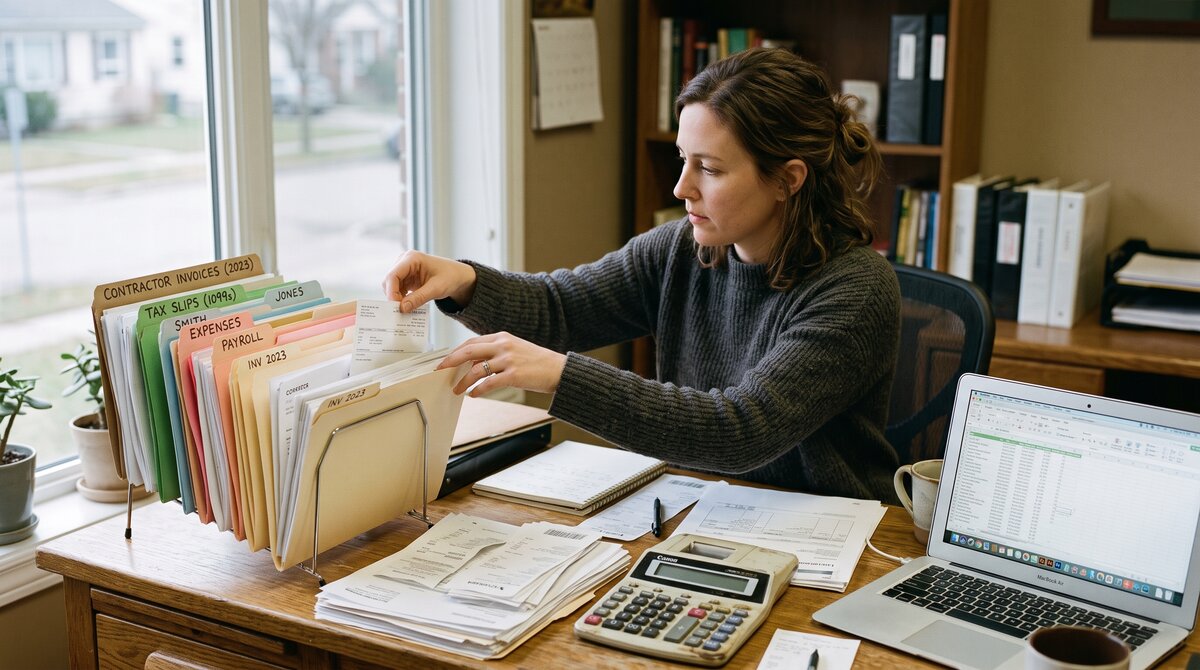 Bookkeeper organizing contractor invoices and tax slips in labelled folders for year-end T4A filing