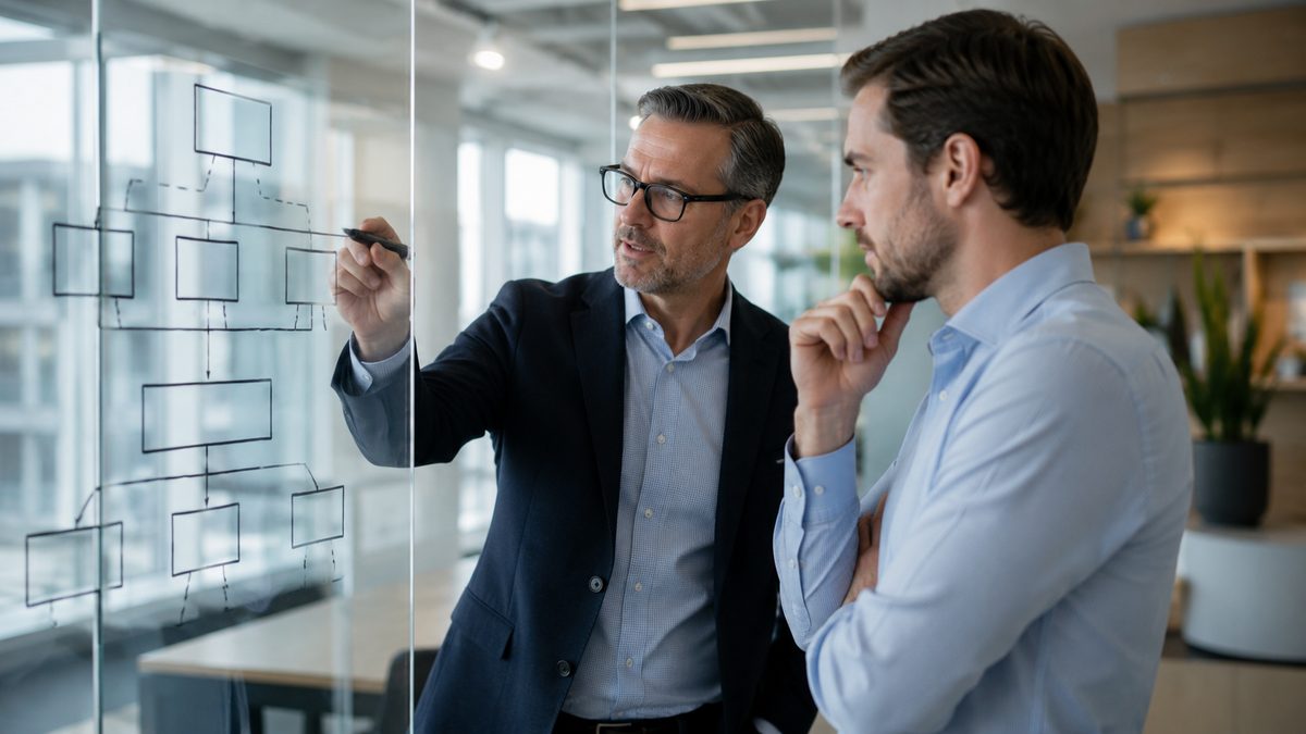 Accountant sketching a two-tier holding company and operating company structure on a glass wall for a Canadian business owner