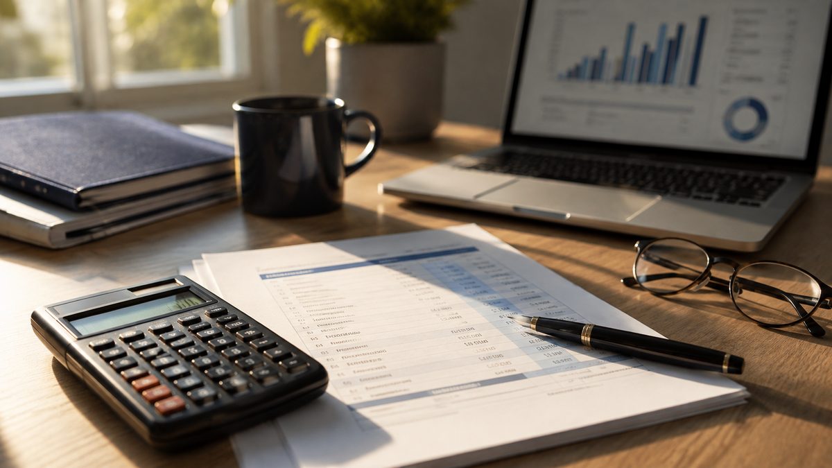 Calculator, printed cost comparison sheet and laptop on a desk used to weigh holding company setup and annual compliance costs
