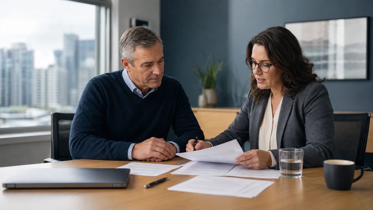 Business owner and CPA advisor reviewing a share purchase agreement at a boardroom table before selling a Canadian corporation