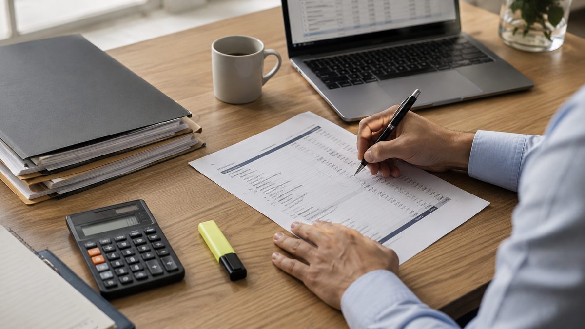 Accountant annotating a corporate balance sheet with a calculator and folders to check QSBC active business asset tests