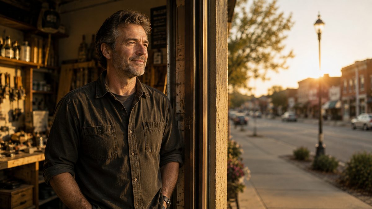 Small business owner standing in the doorway of their workshop at golden hour after planning a tax-efficient business sale