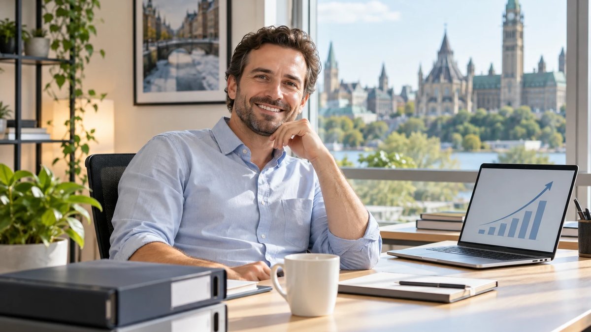 Business owner at a tidy desk with organized binders after catching up on bookkeeping