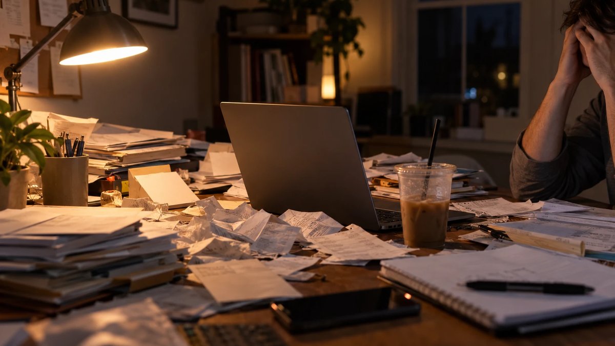 Cluttered Desk of Receipts and Bills Late at Night Cluttered home office desk piled with receipts, bills and bank statements at night, a stressed business owner at the edge