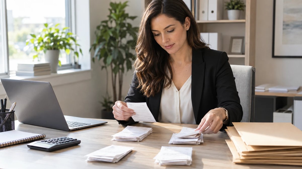 Bookkeeper Sorting Receipts Into Organized Piles Bookkeeper sorting paper receipts into separate piles on a desk beside a laptop, a calculator and a stack of folders