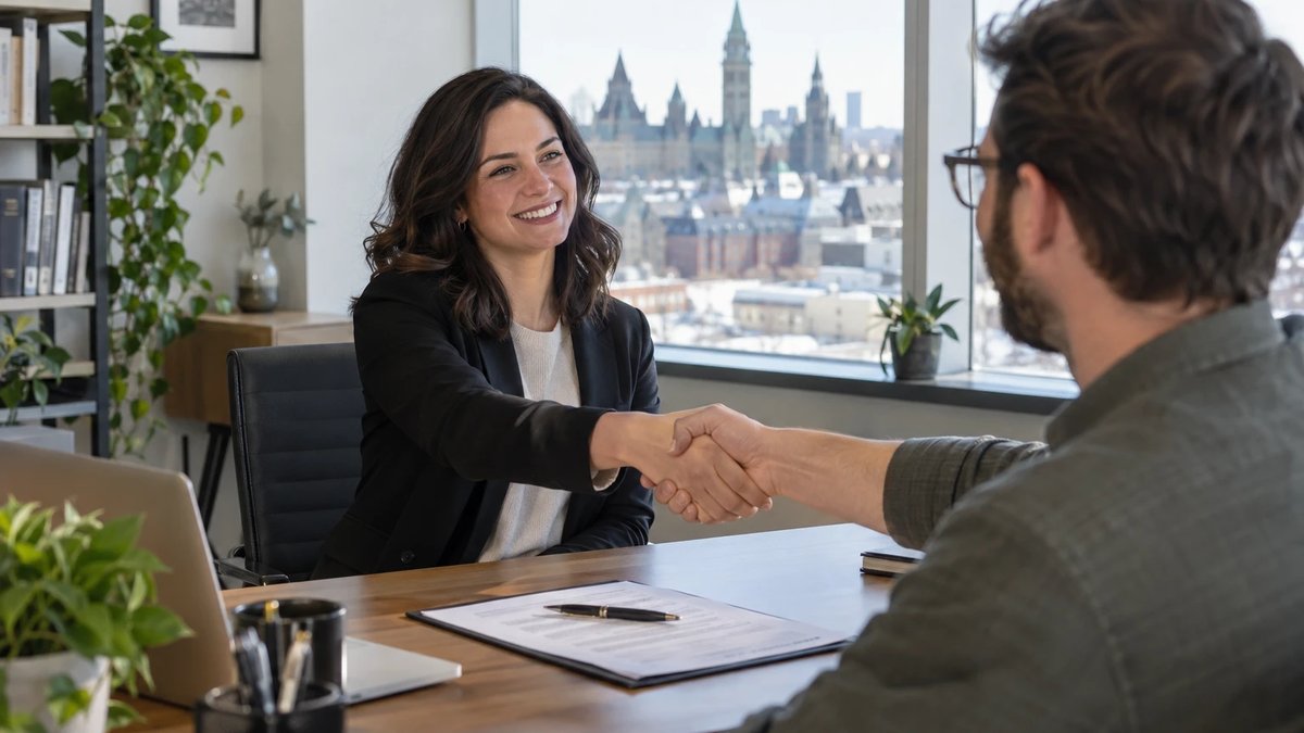 Ottawa business owner shaking hands with a contractor across a desk with a signed agreement, Parliament Hill in the window