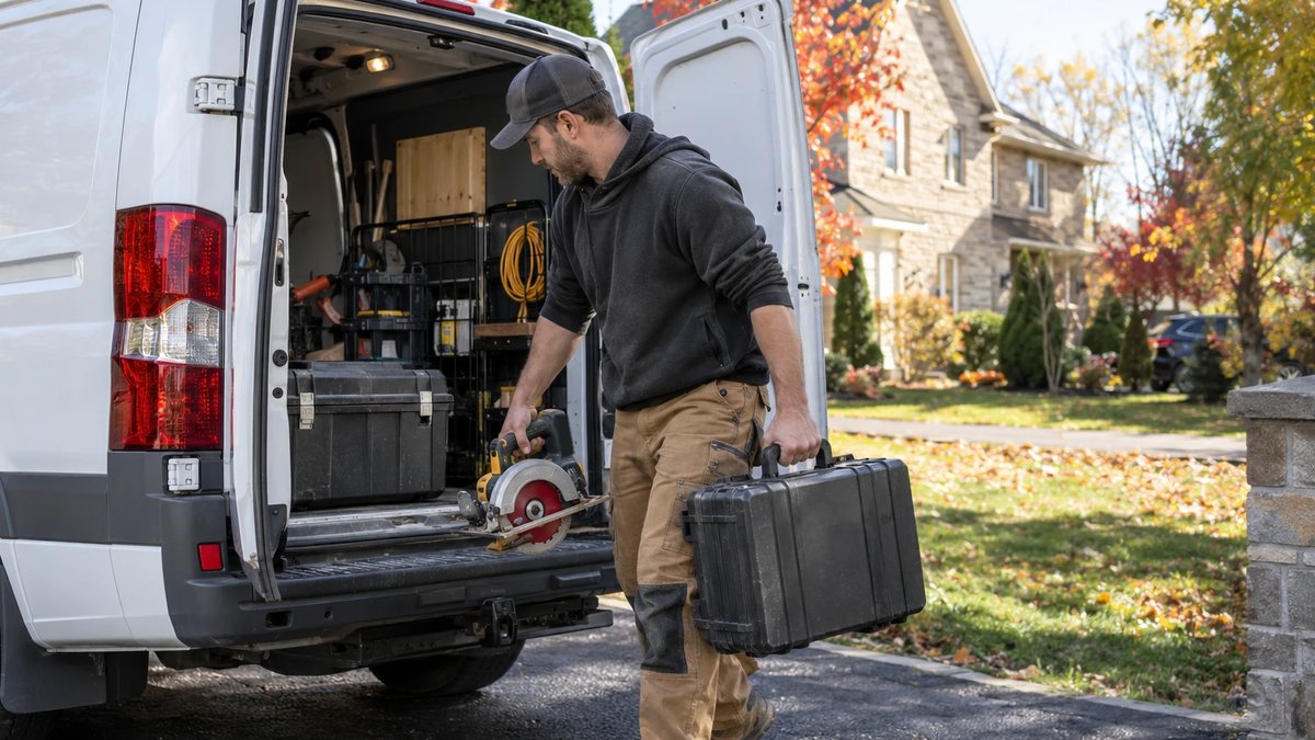 Self-employed tradesperson carrying his own tool case and circular saw from his work van at a residential job site in autumn