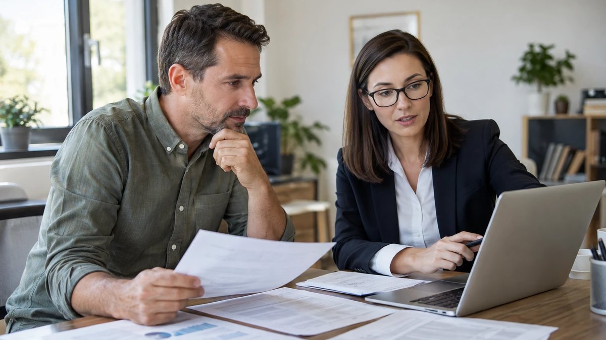 Accountant reviewing payroll and contractor paperwork on a laptop with a small business owner at an office table