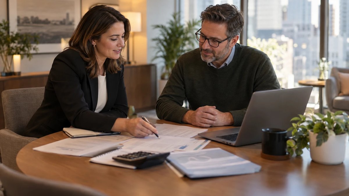 Accountant pointing to corporate tax documents on a table while an incorporated consultant looks on beside a laptop