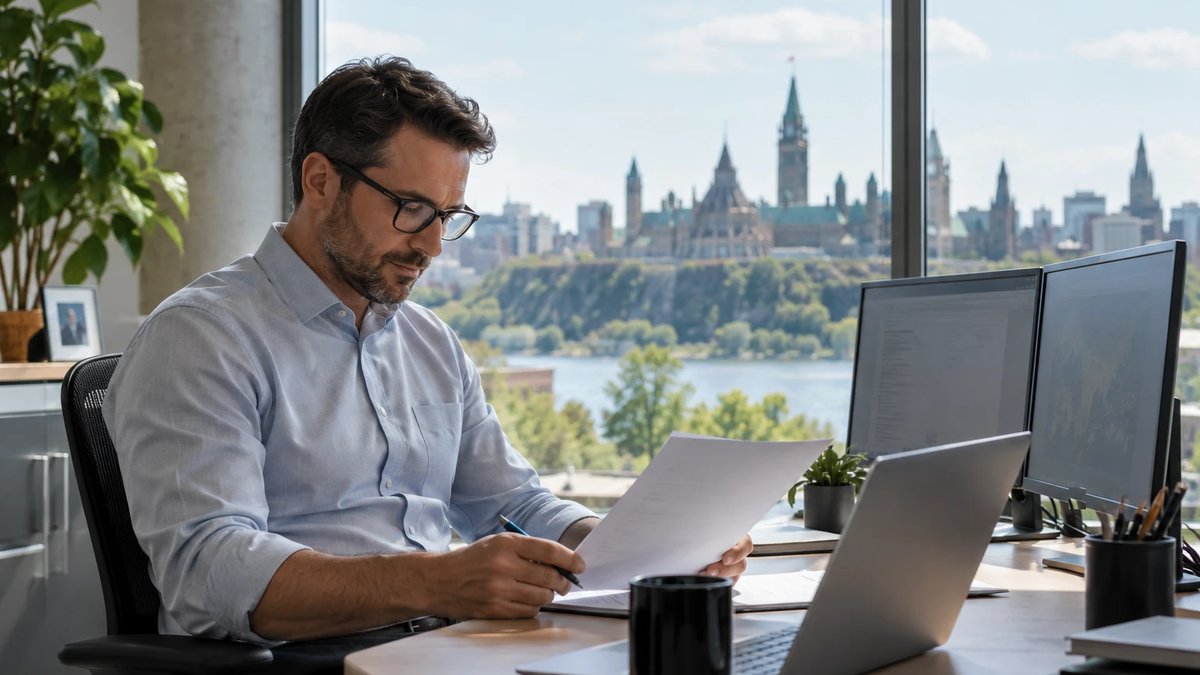 Incorporated IT consultant reviewing a contract at a desk with two monitors, Parliament Hill visible through the window