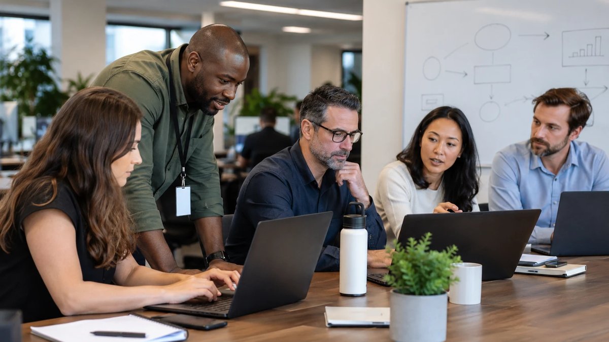 Team of IT consultants working on laptops at a shared office table, one wearing a blank security badge on a lanyard