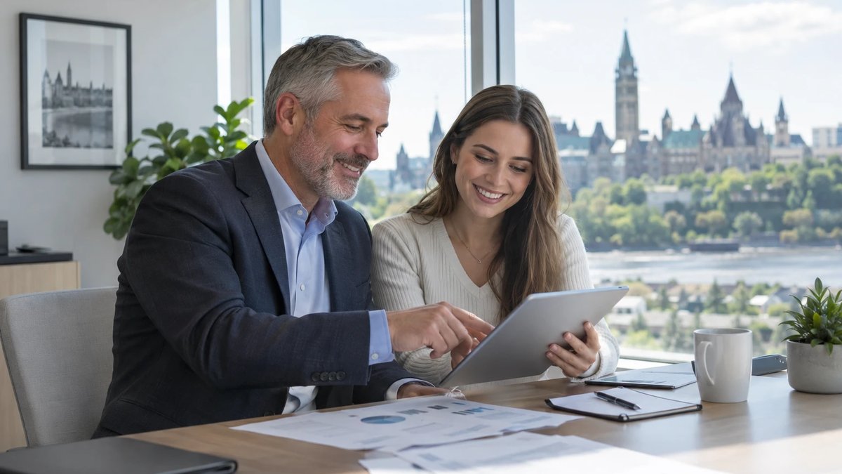 Accountant and a young remote worker reviewing tax documents on a tablet in an Ottawa office overlooking Parliament Hill