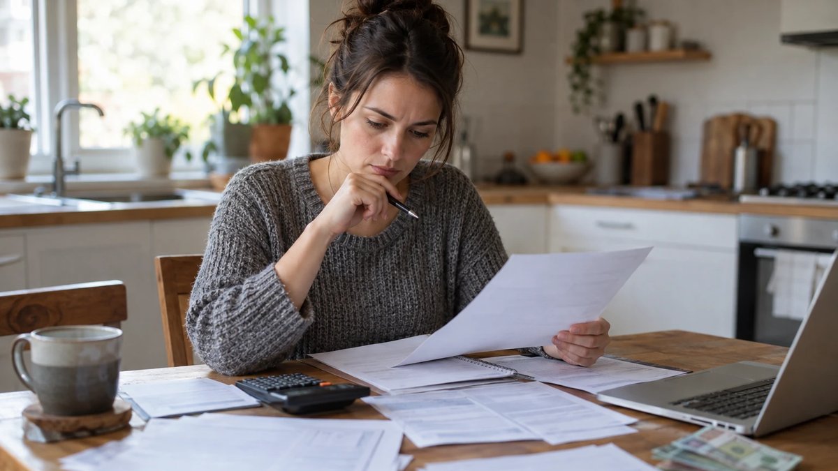 Woman reviewing pay statements and tax forms at a kitchen table with a calculator, a laptop and a stack of banknotes