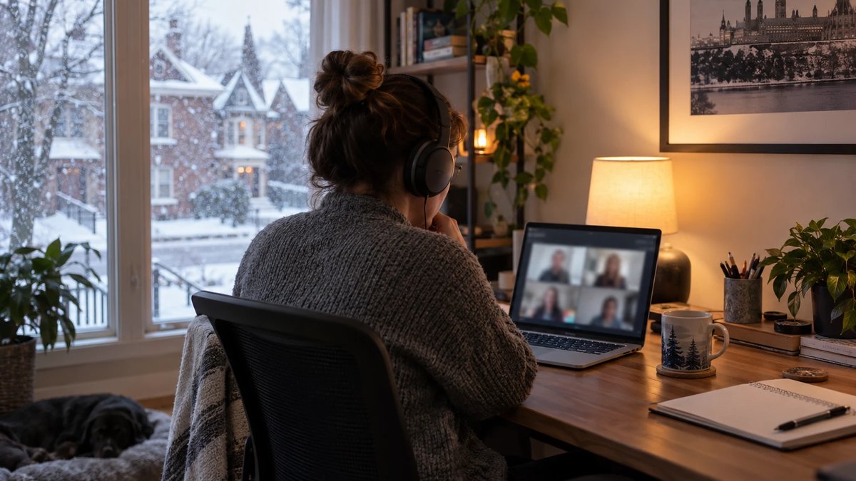 Remote worker in headphones on a video call at a home office desk in Ottawa while snow falls outside the window